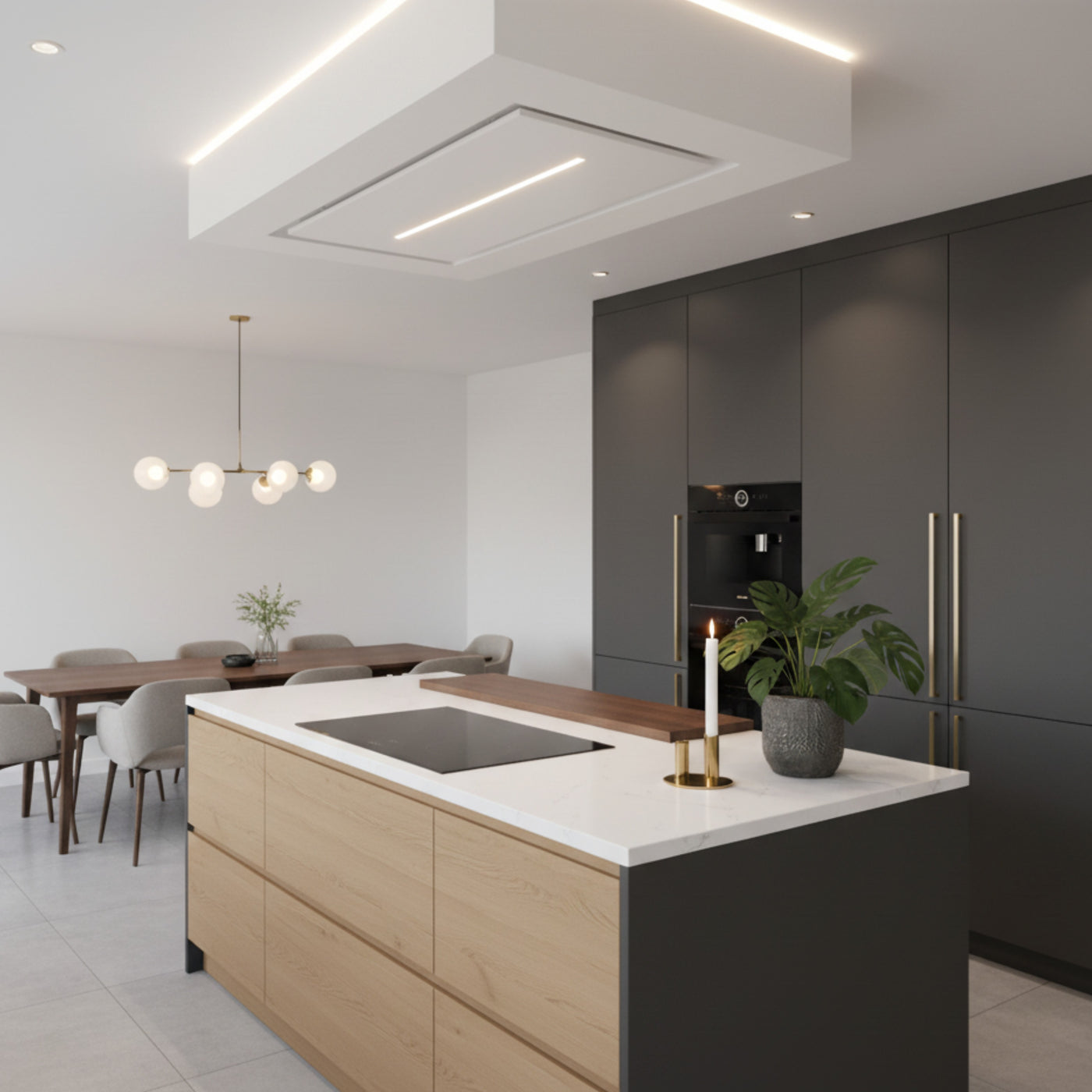 White Synergy Installed In A Dropped Box With Feature LED Lighting. Within a Dark Grey and Wooden Kitchen