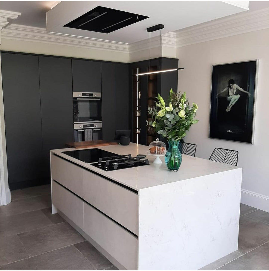 Black 90cm x 60cm Celux Cooker Hood Installed Within a Black and White Kitchen Featuring Contemporary Lighting 
