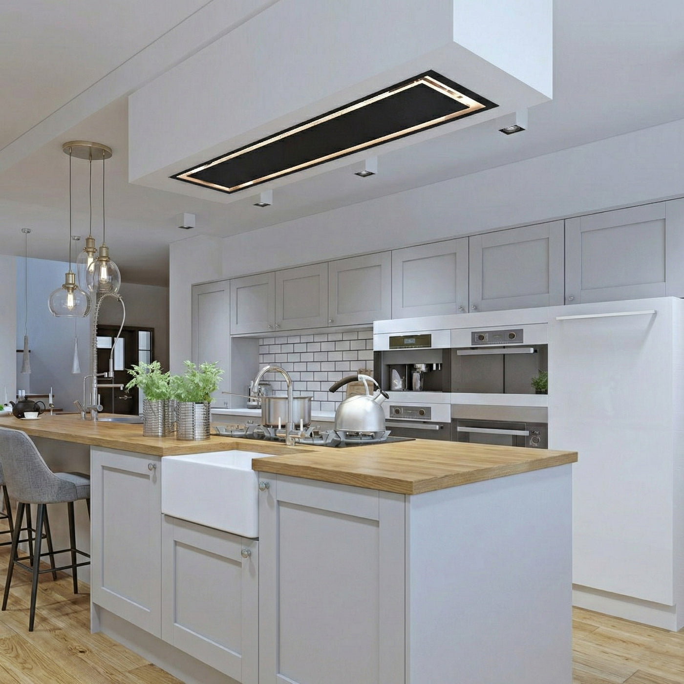 90cm x 30cm Soffitto Ceiling Cooker Hood In Black Within a Modern Grey Kitchen With Wooden Countertops. 