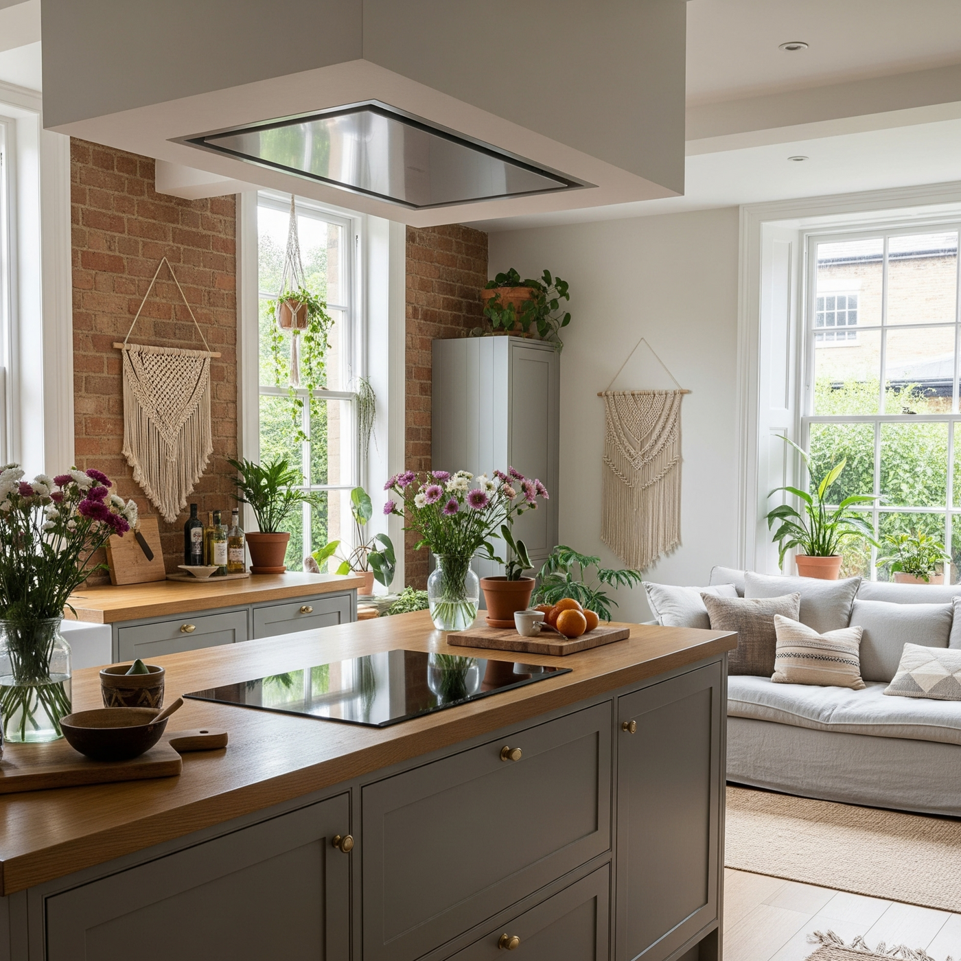 90cm x 60cm Soffitto Stainless Steel Ceiling Cooker Hood Installed In a Dropped Box Housing Within a Modern Boho Chic Kitchen 