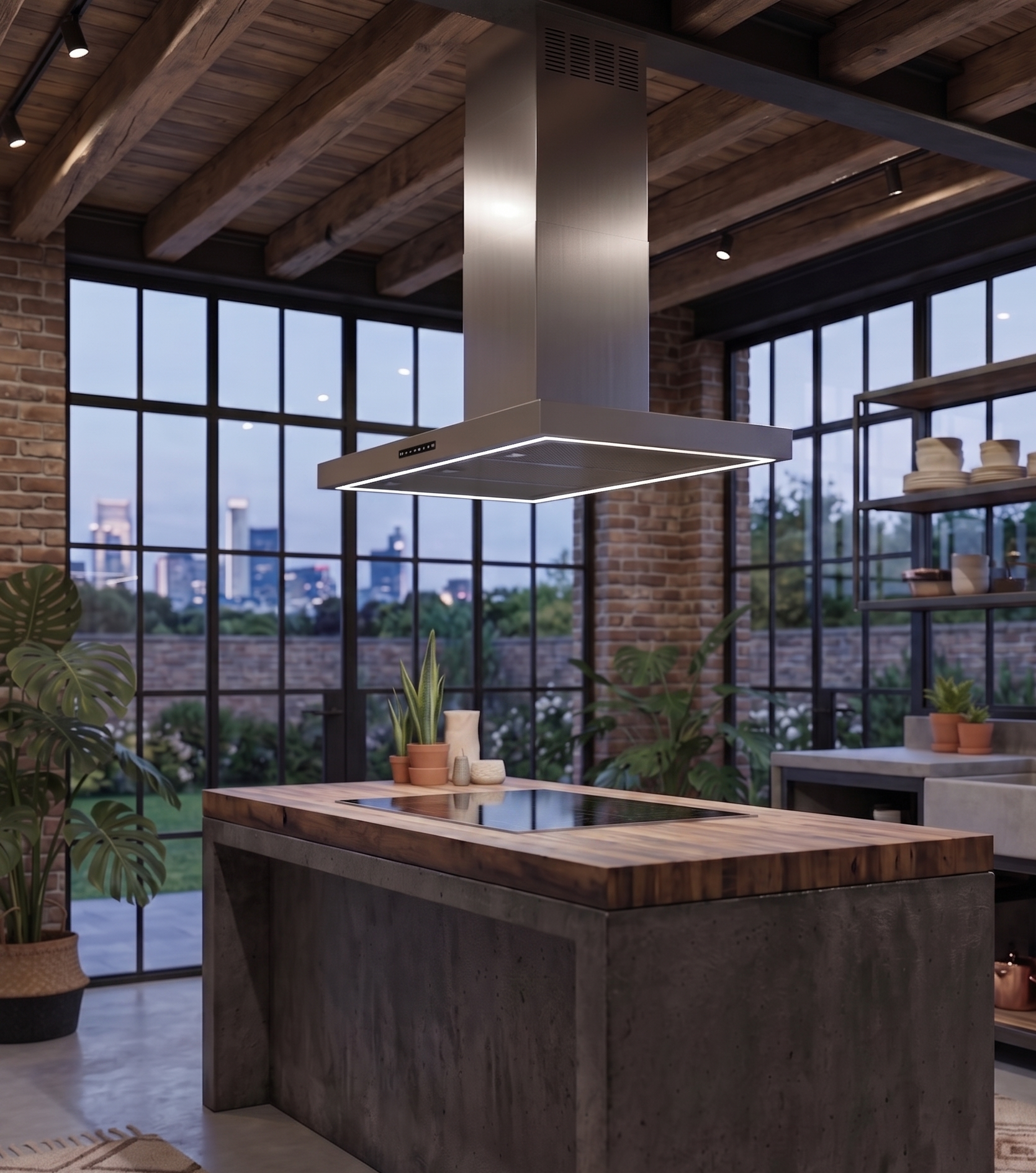 Stainless Steel Caporra Island installed within a rustic style kitchen featuring open shelving and wooden countertops. 