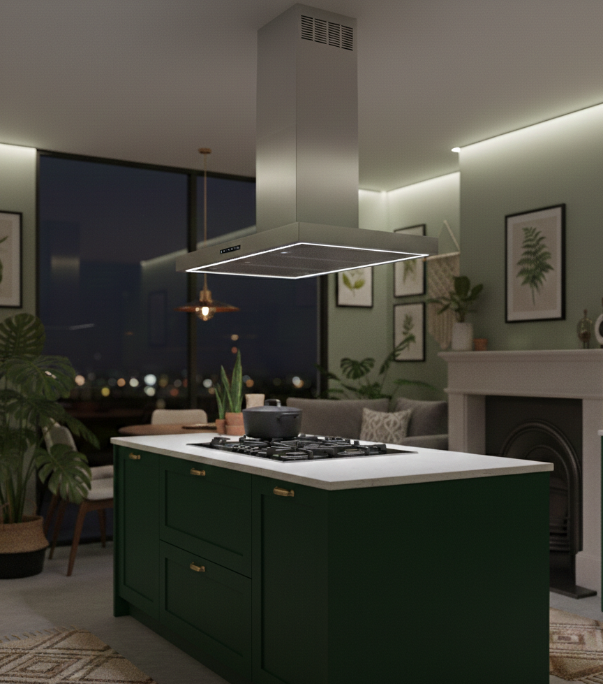 Caporra island 90cm cooker hood installed in a traditional style green kitchen with fireplace feature and large island