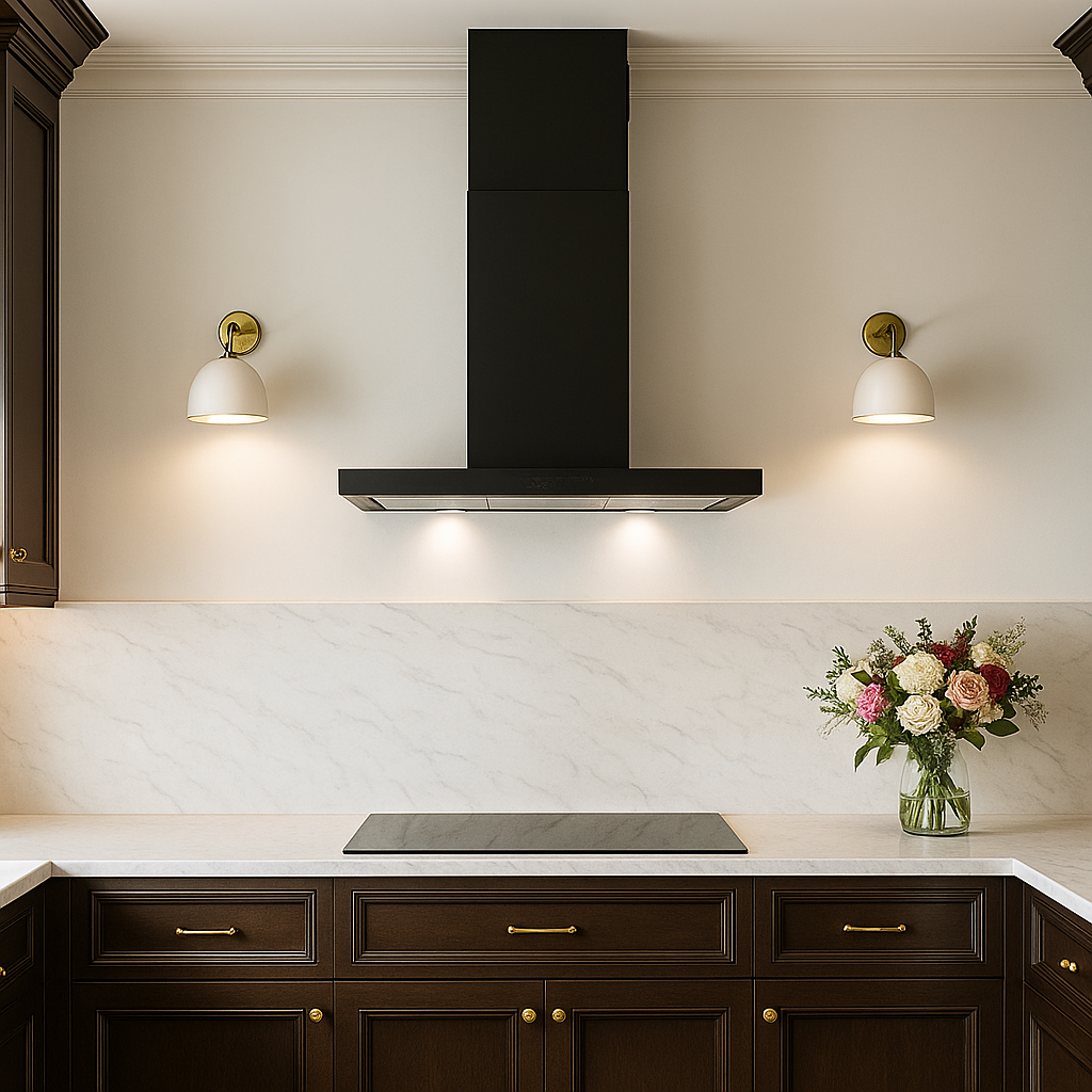 T-Line cooker hood in black within a traditional dark wooden kitchen with white marbled worktops and a sleek induction hob