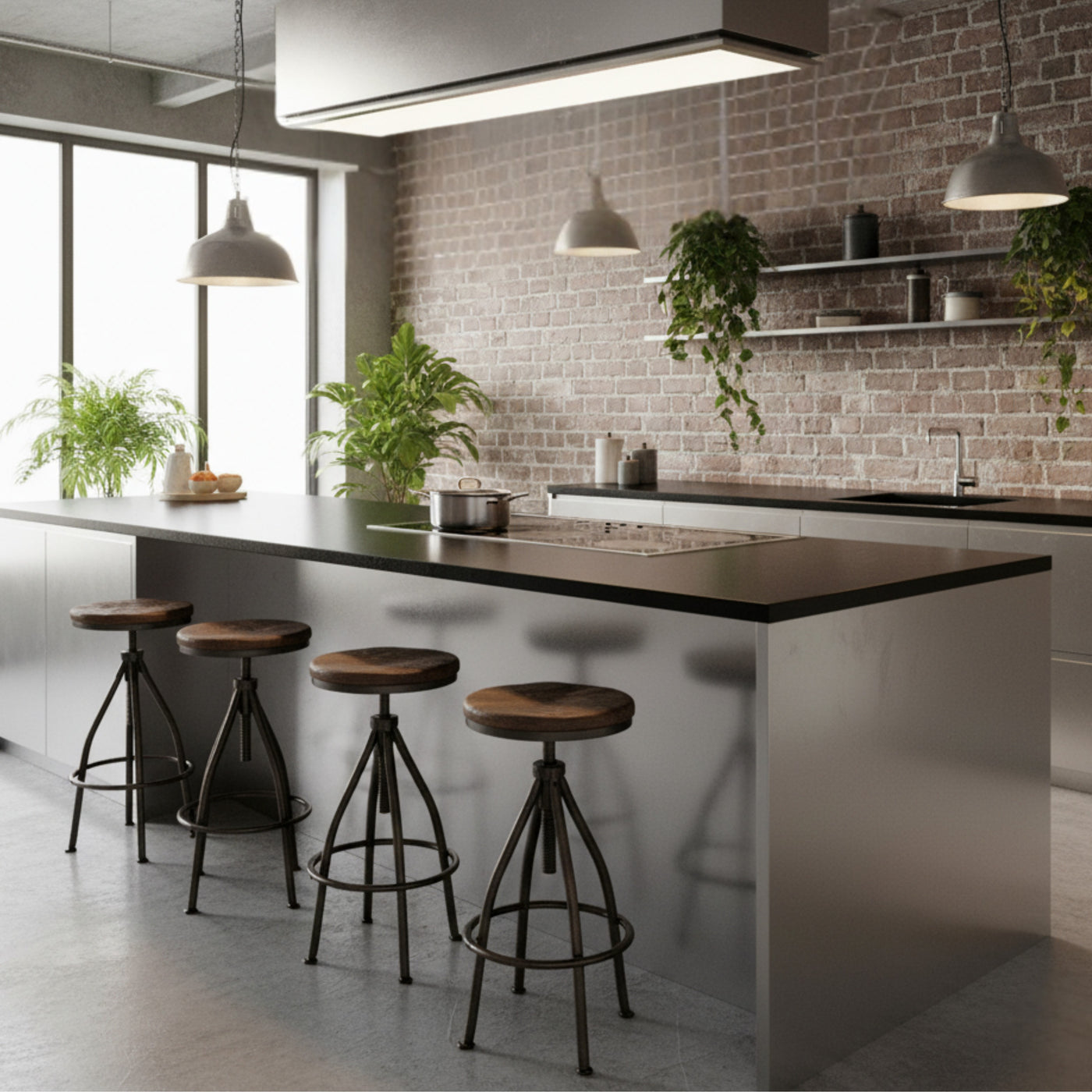 120cm x 30cm Tolvi Lusso With Stainless Steel Ceiling Mounting Box and Full LED Door Panel. Installed In A Modern Kitchen Featuring Exposed Brickwork, Shelving and Plants.