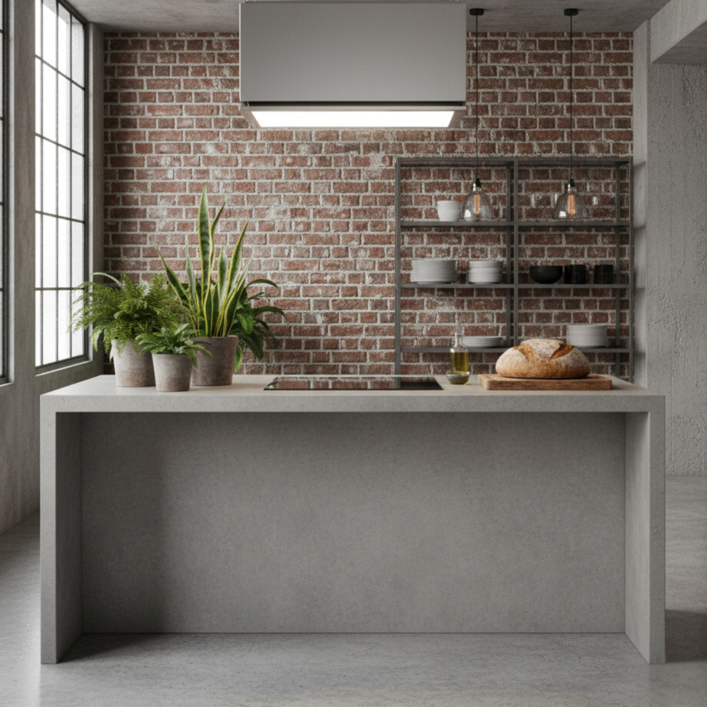 60cm x 30cm Tolvi Lusso Ceiling Hood Featuring Stainless Steel Mounting Box and Full LED Door Panel. Installed In a Modern Kitchen With Concrete Island, Brick Wall, And Shelves.