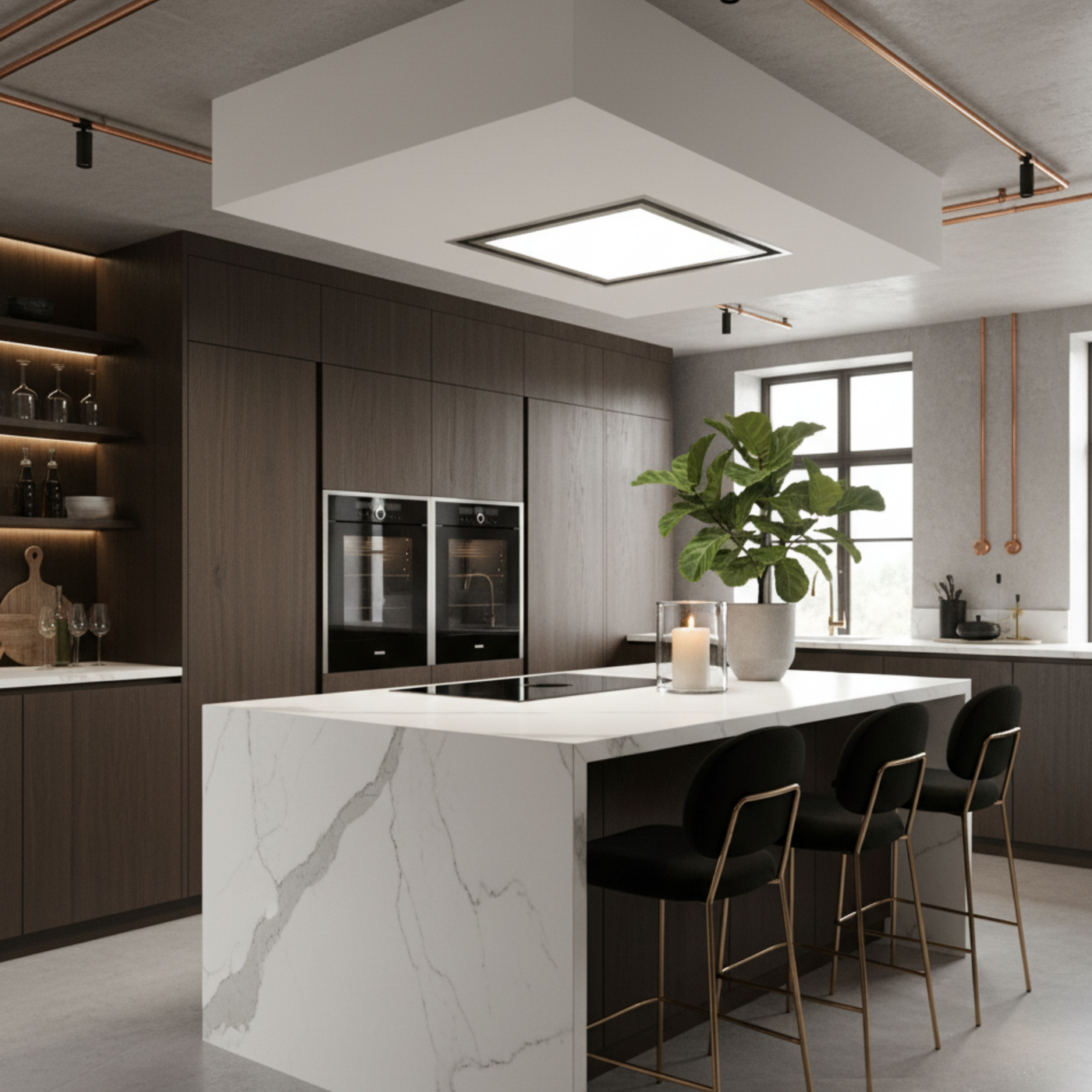60cm x 60cm Tolvi Installed in a Modern kitchen with marble island, bar stools, and stainless steel appliances.