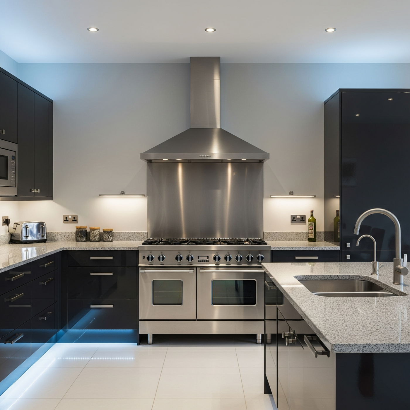 Traditional Pyramid cooker hood in stainless steel installed above a large range cooker, featuring high gloss cabinets and marble worktop