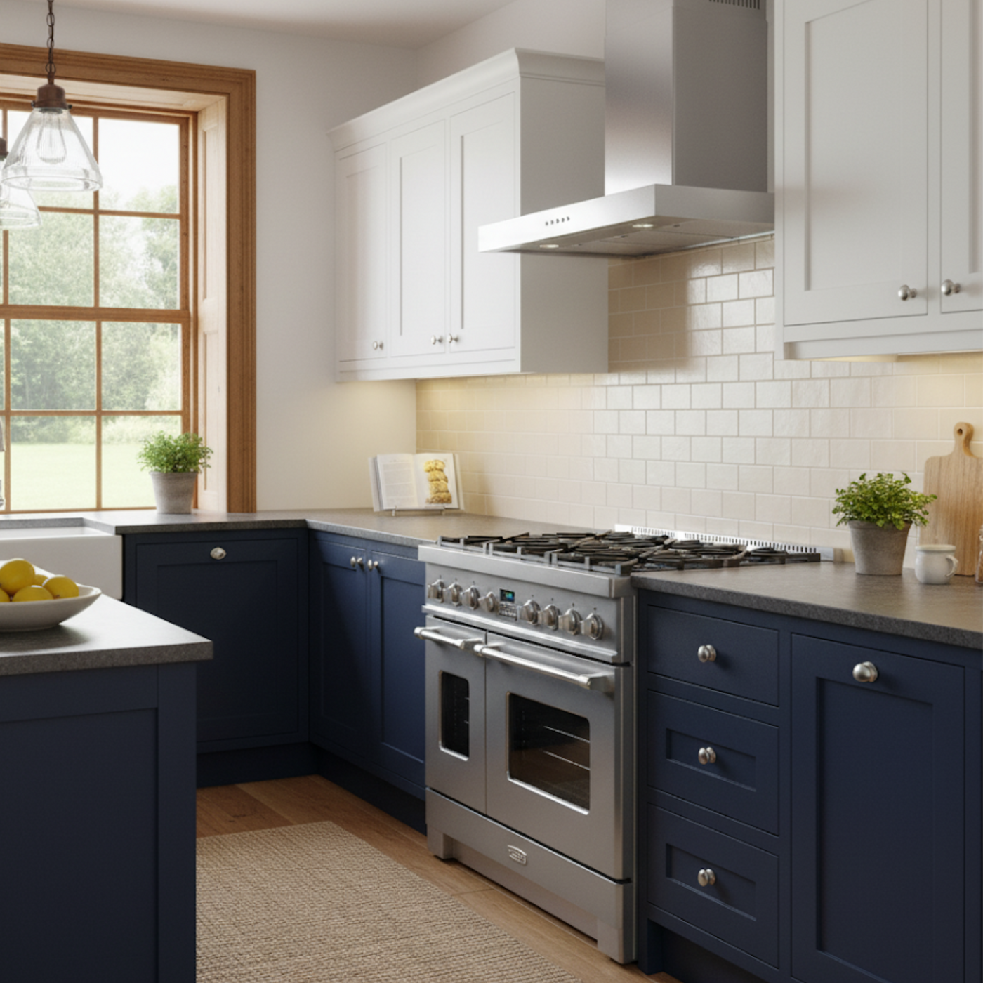 90cm Stainless steel FLT wall mounted cooker hood installed in a navy kitchen with tiled backsplash, featuring a range cooker