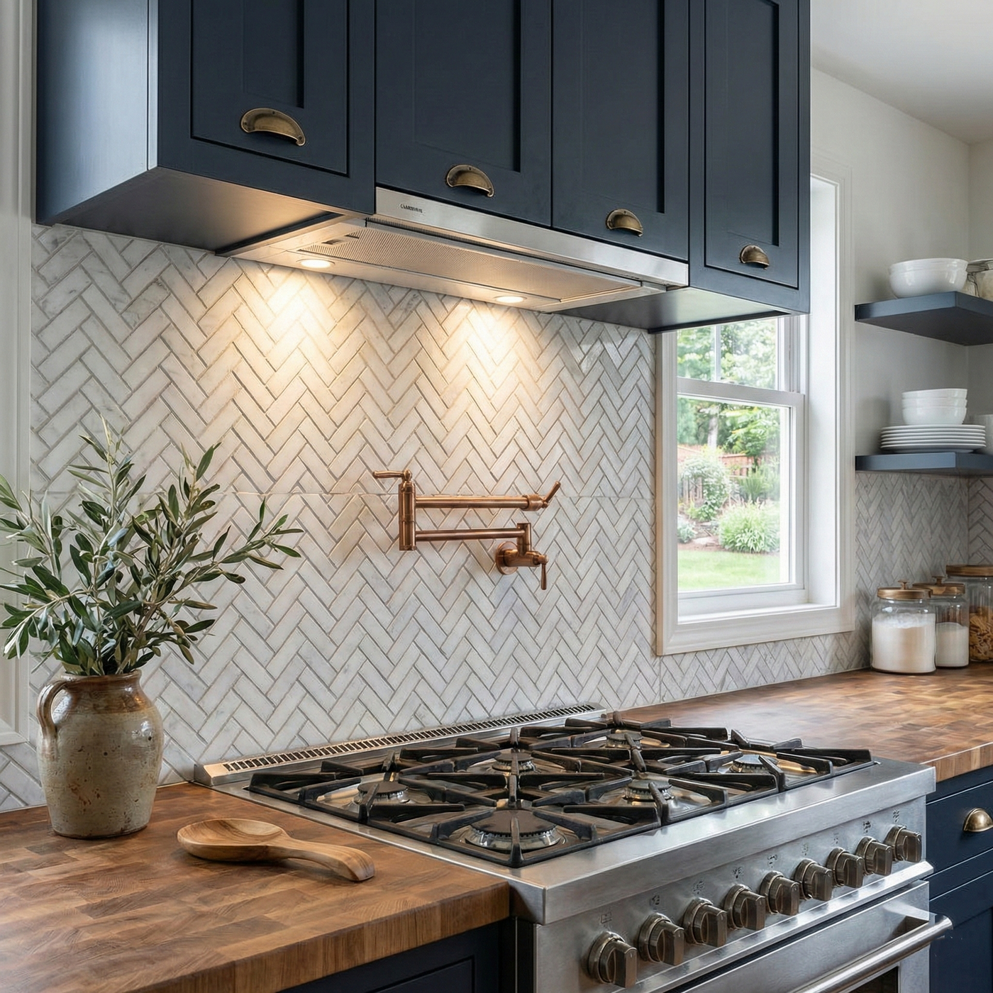 Telescopic Cooker Hood Stainless Steel In A Modern Navy Blue Kitchen With Herringbone Tiles