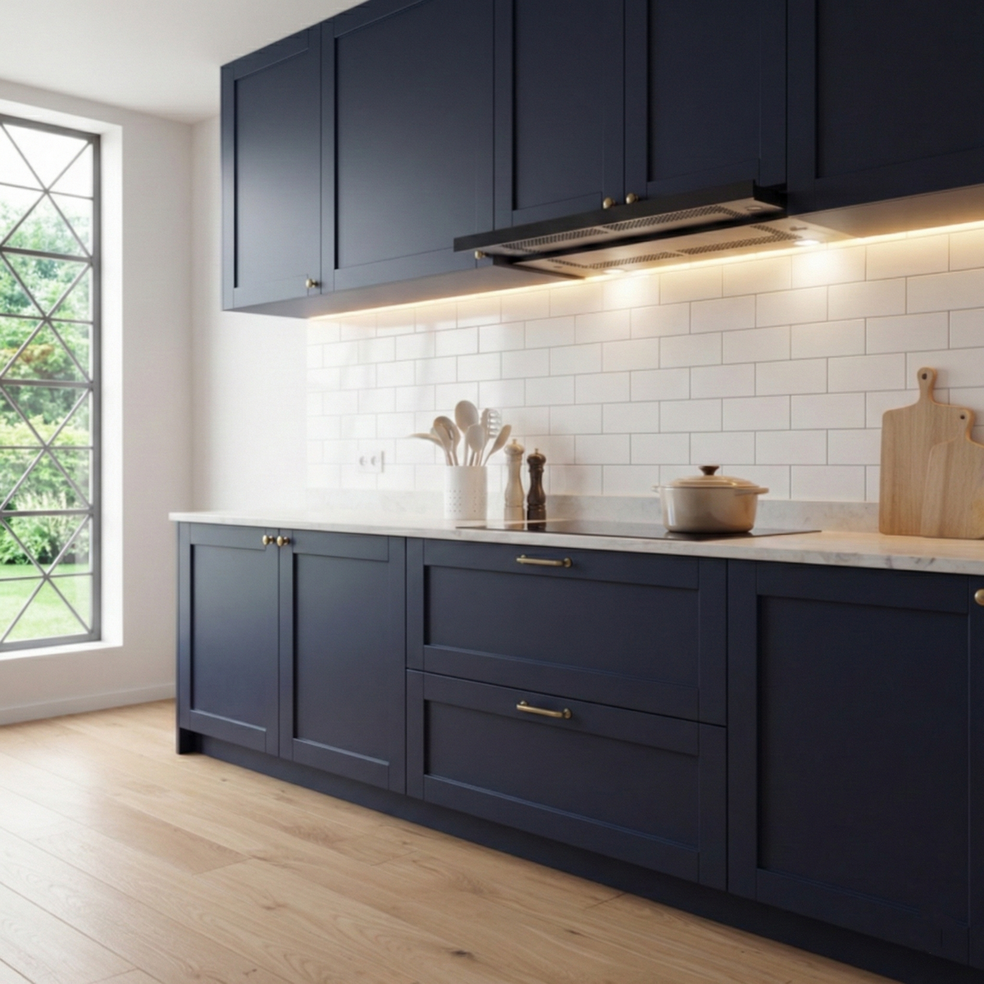Telescopic Cooker Hood Black Installed In A Minimalistic Navy Blue Kitchen