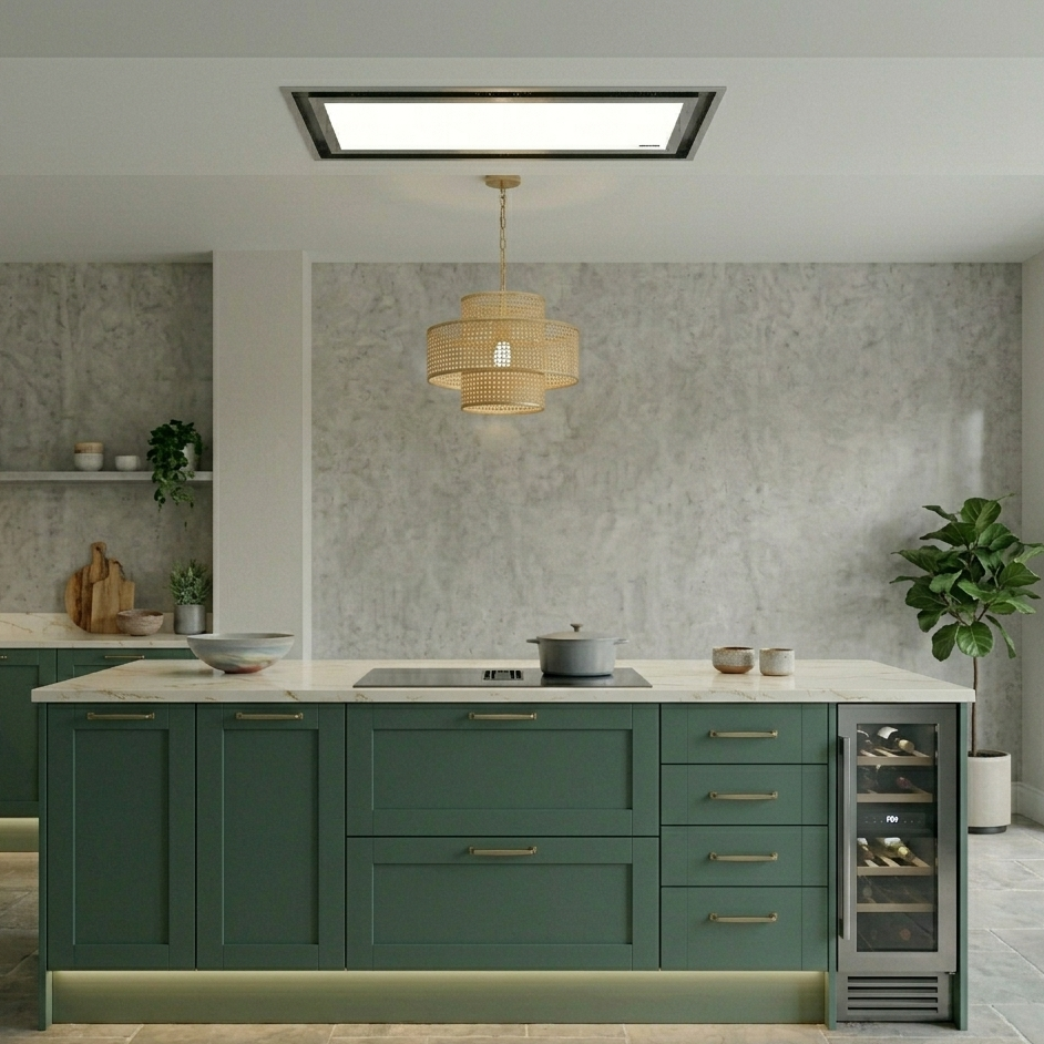 120cm x 30cm Tolvi Ceiling Cooker Hood Featuring Full LED Door. Installed In a Modern kitchen With Green Cabinets, White Countertops, And a Wine Cooler.