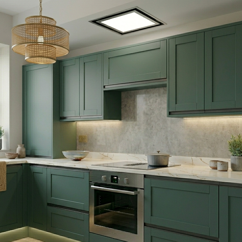 60cm x 60cm Tolvi Ceiling Cooker Hood With Full LED Door. Installed Alongside Vented Extractor Induction Hob