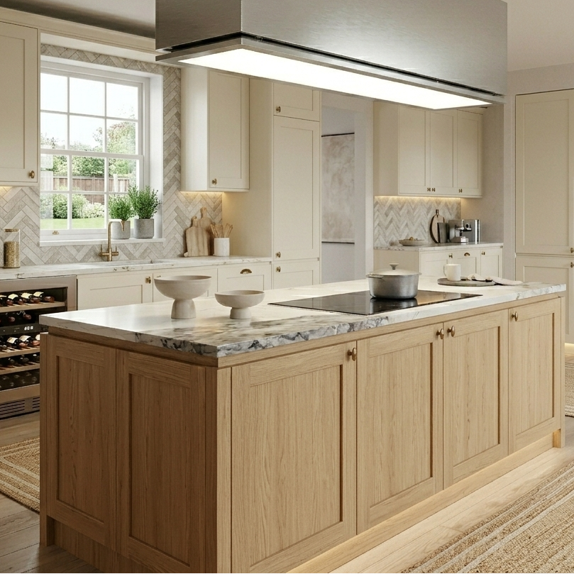 Tolvi Lusso Ceiling Cooker Hood With Stainless Steel Ceiling Mount Box and Full LED Door Panel. Installed Within a Country Style Beige Kitchen With Modern Marble Worktops.