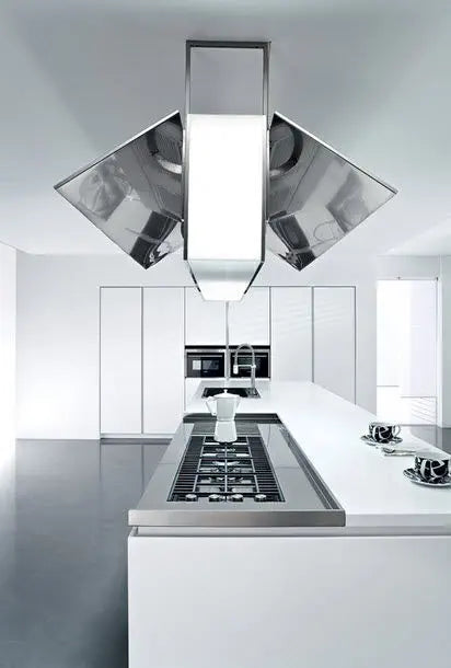 Angelo Island Cooker Hood Installed in a Sleek and Modern Kitchen With LED Lighting On and Wings/Doors Opened For Extraction.