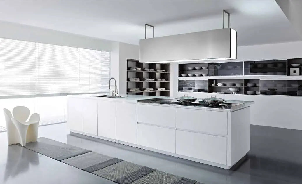 Angelo Island Cooker Hood Installed in a Sleek and Modern Black and White Kitchen With LED Lighting On and Wings/Doors Closed.