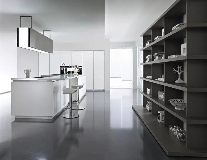 Angelo Island Cooker Hood Installed in a Modern Black and White Kitchen With LED Lighting On and Wings/Doors Closed.