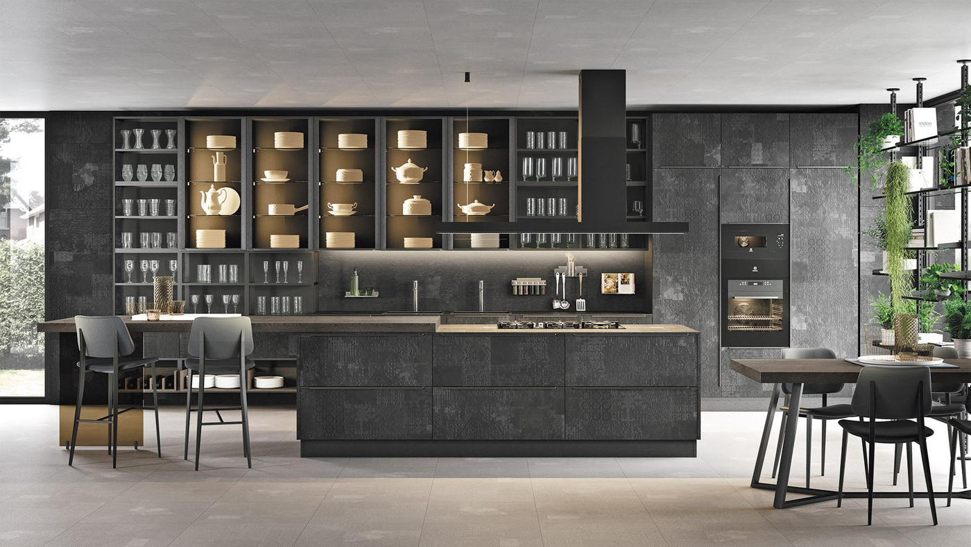Arezzo Island Cooker Hood in Black Installed in  Sleek and Modern Dark Kitchen 
