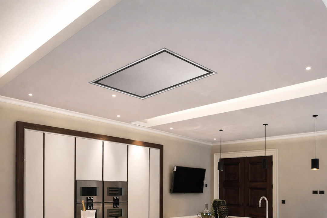 90cm x 50cm Caporra Ceiling Cooker Hood In Stainless Steel, Within A Sleek Modern Kitchen