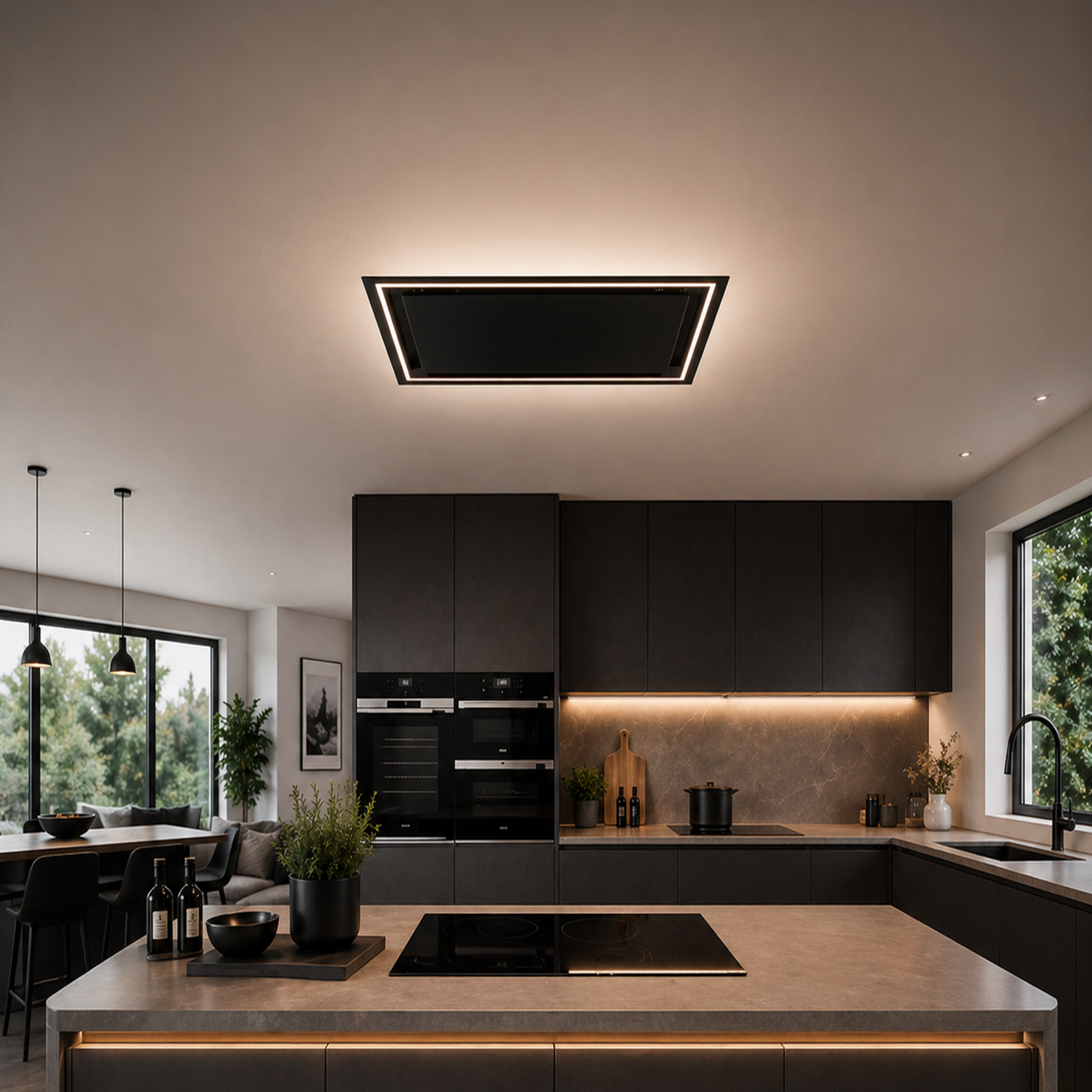 Modern kitchen with black appliances and a large island.