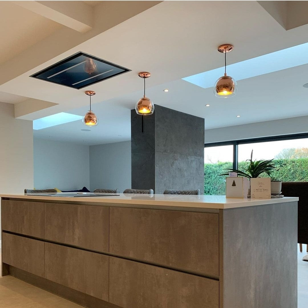 90cm x 60cm Celux Cooker Hood Black Installed Within A Modern Kitchen With Pendant Featuring Lighting Over The Island 