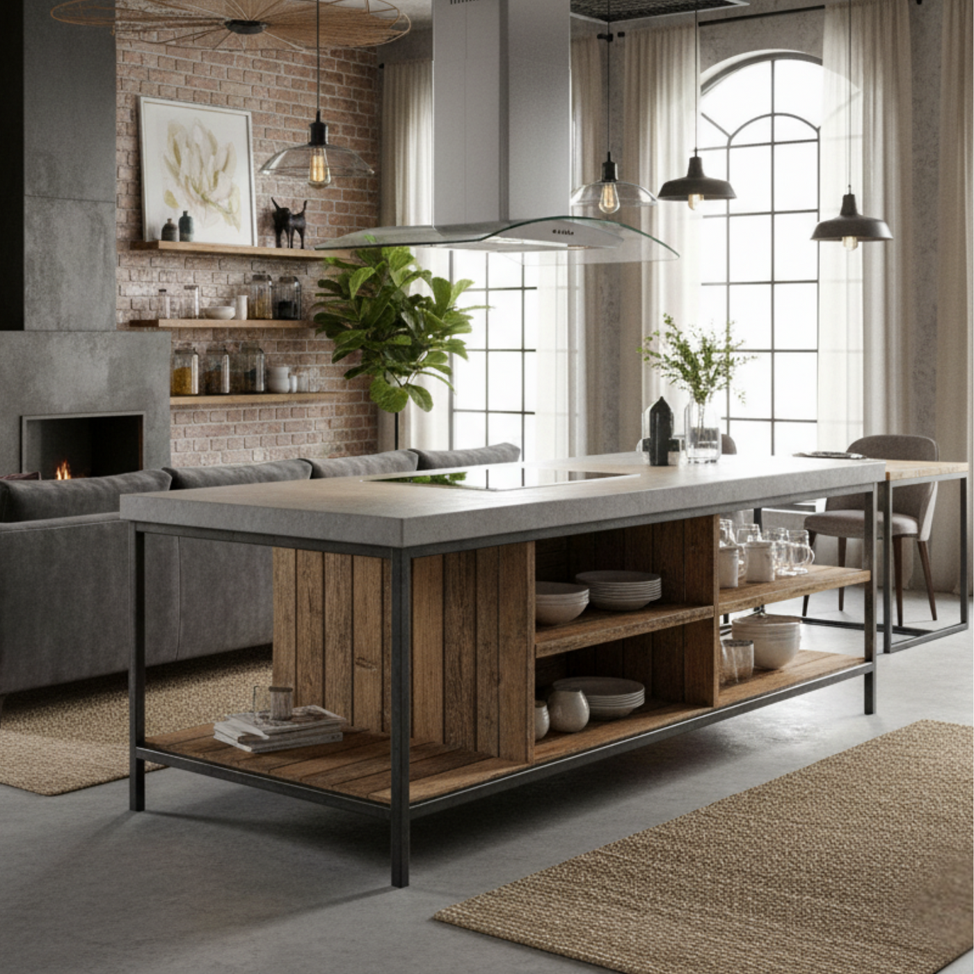 Stainless steel curved glass island cooker hood within a modern industrial style kitchen featuring exposed brickwork and an open fire 