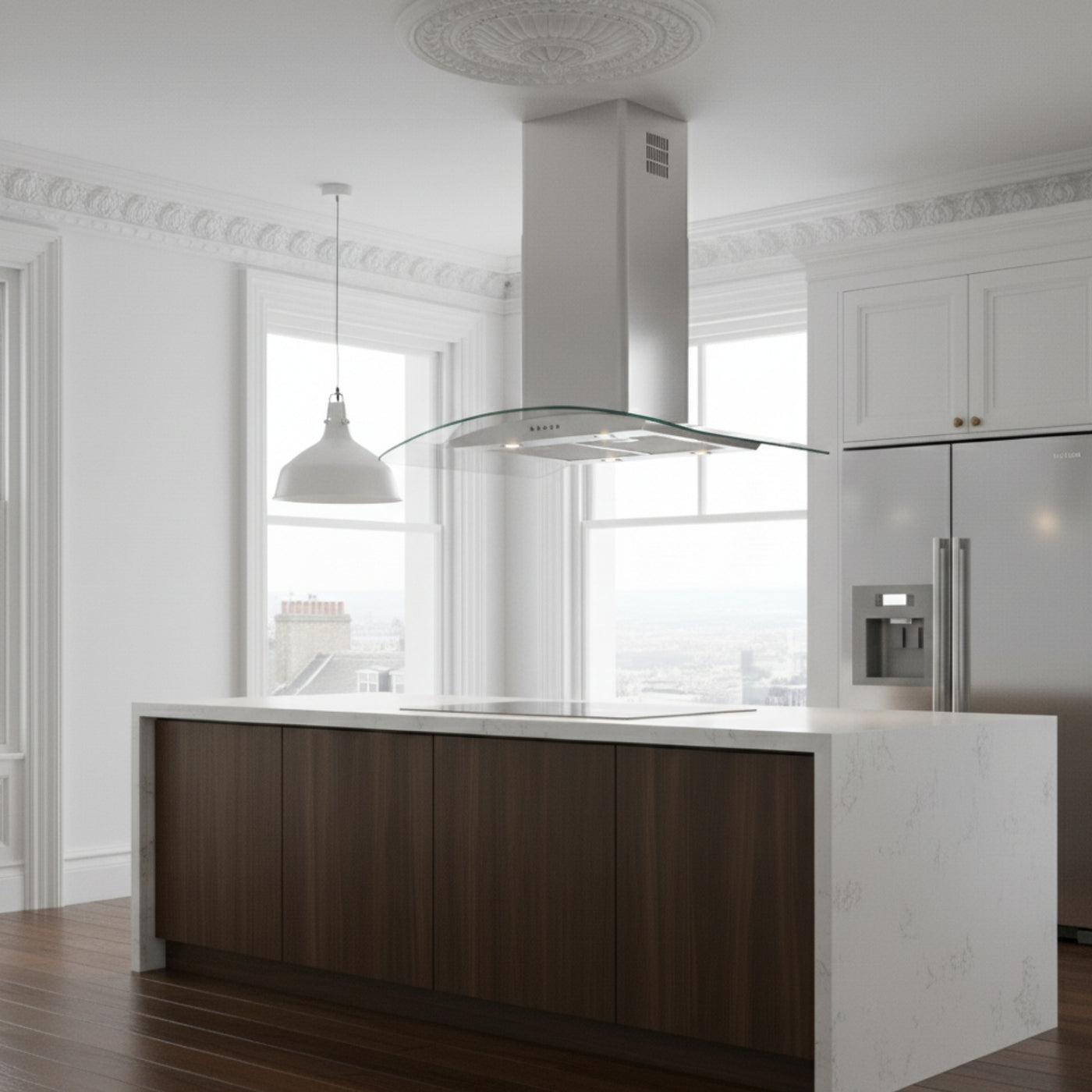 90cm curved glass island cooker hood installed within a minimalistic white and stainless steel kitchen featuring a marble island and feature wooden cupboards