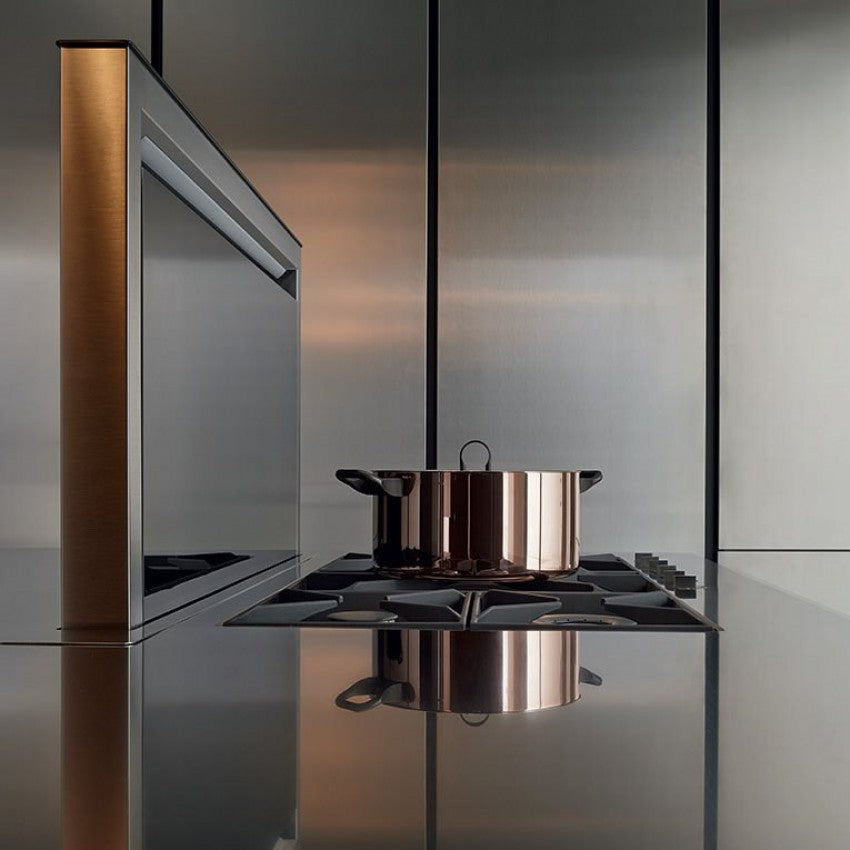90cm Stainless Steel & Black Downdraft Cooker Hood Installed Within Modern Dark Kitchen Featuring Gas Hob.