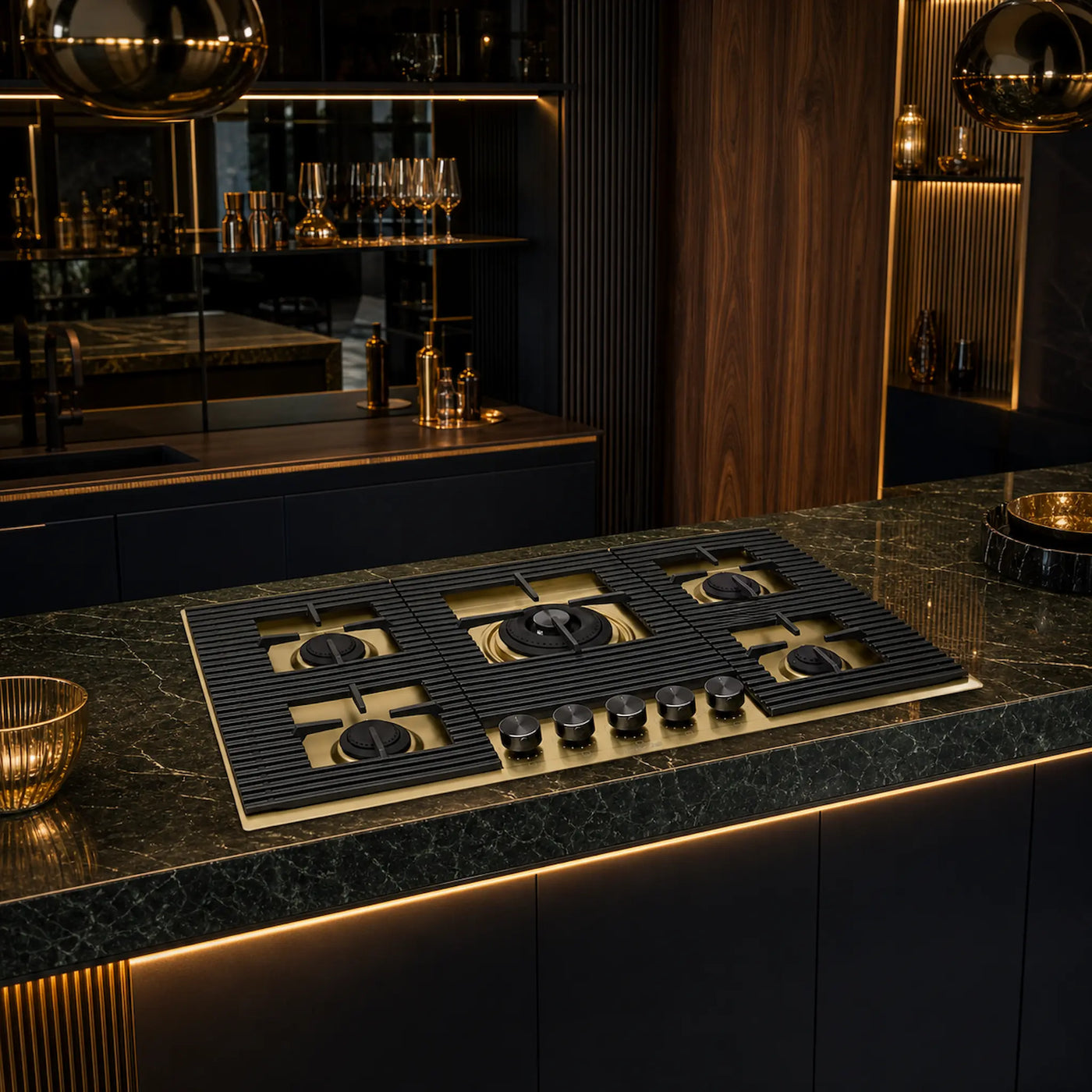 Milano lusso gold 5 burner gas hob in luxury kitchen 