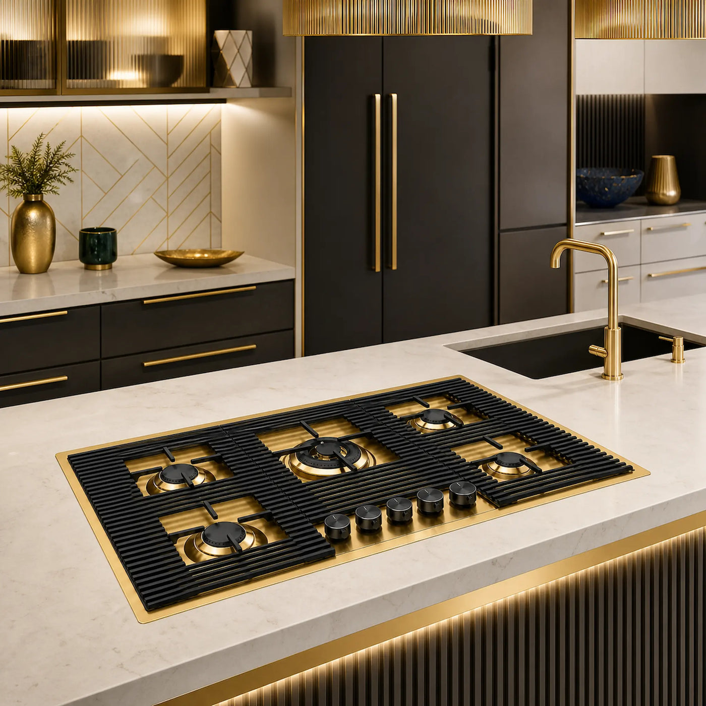 Milano Lusso - 5 burner flush gas ho powerful wok burner gold