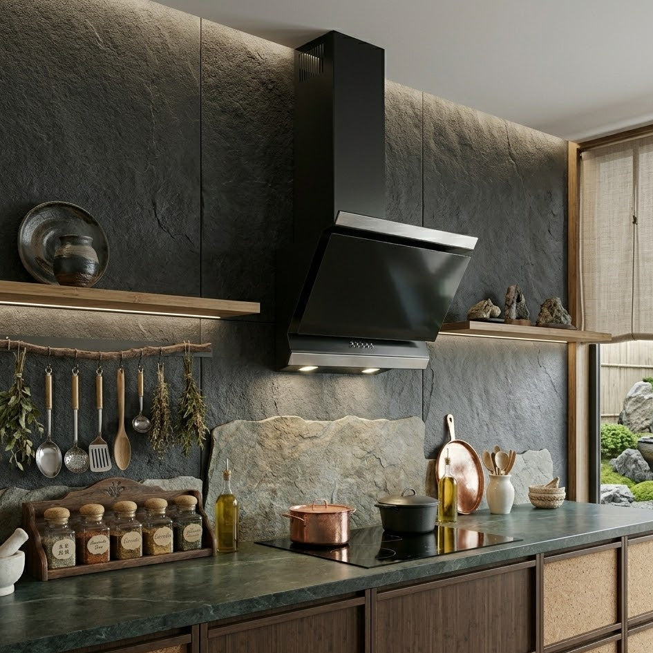 Ison angled cooker hood installed in a rustic boho style kitchen with marble countertop