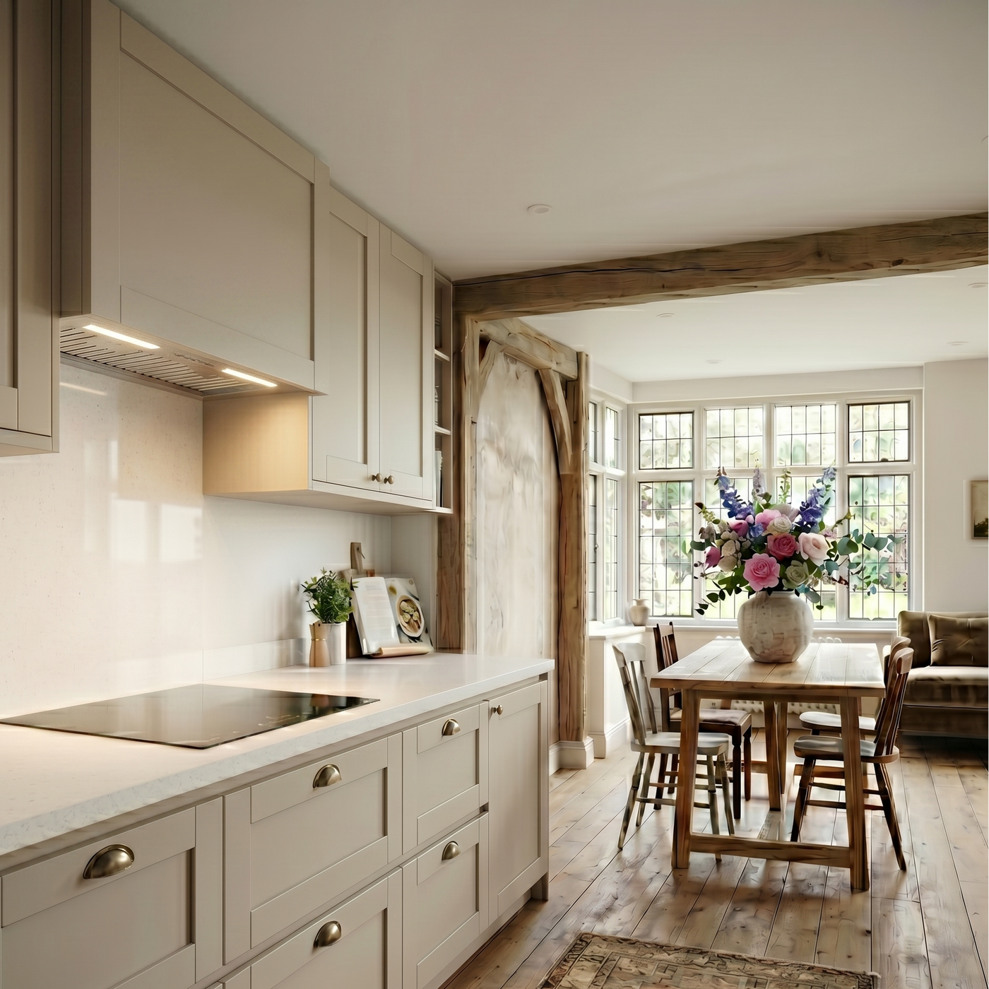 Luxair powerful motor canopy cooker hood in stainless steel integrated into a rustic kitchen