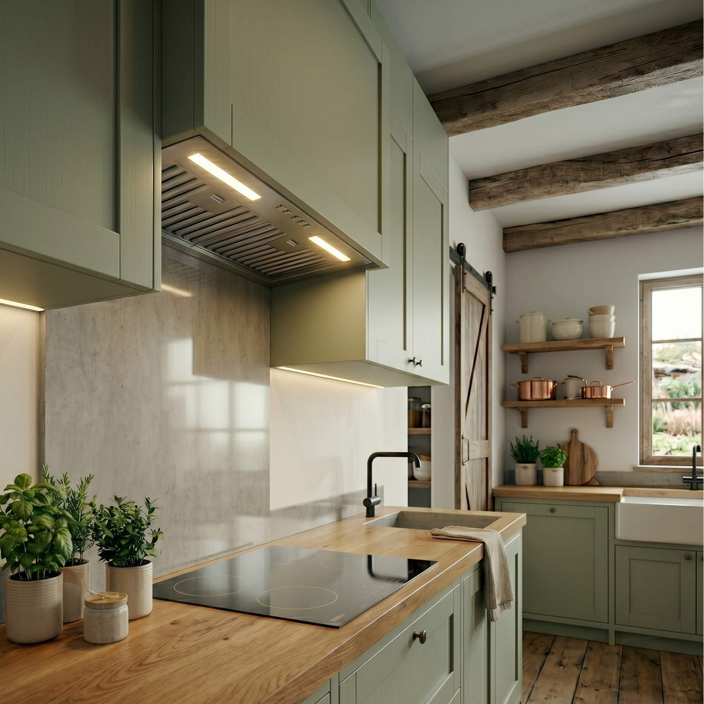 Built-in Luxair canopy extractor fan in stainless steel with LED lighting, installed in a modern sage green farmhouse kitchen