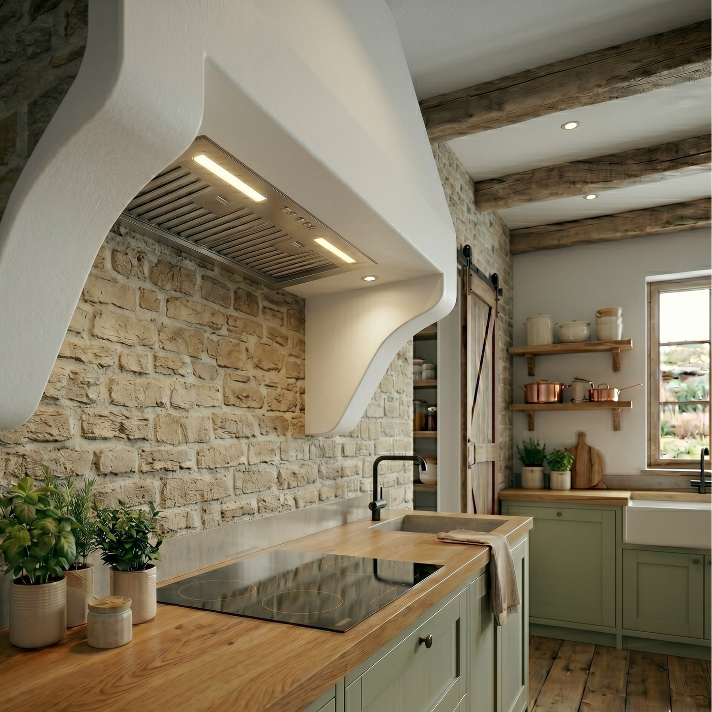 Modern rustic kitchen featuring a Luxair canopy cooker hood, sage green shaker cabinets, exposed ceiling beams, and a black induction hob