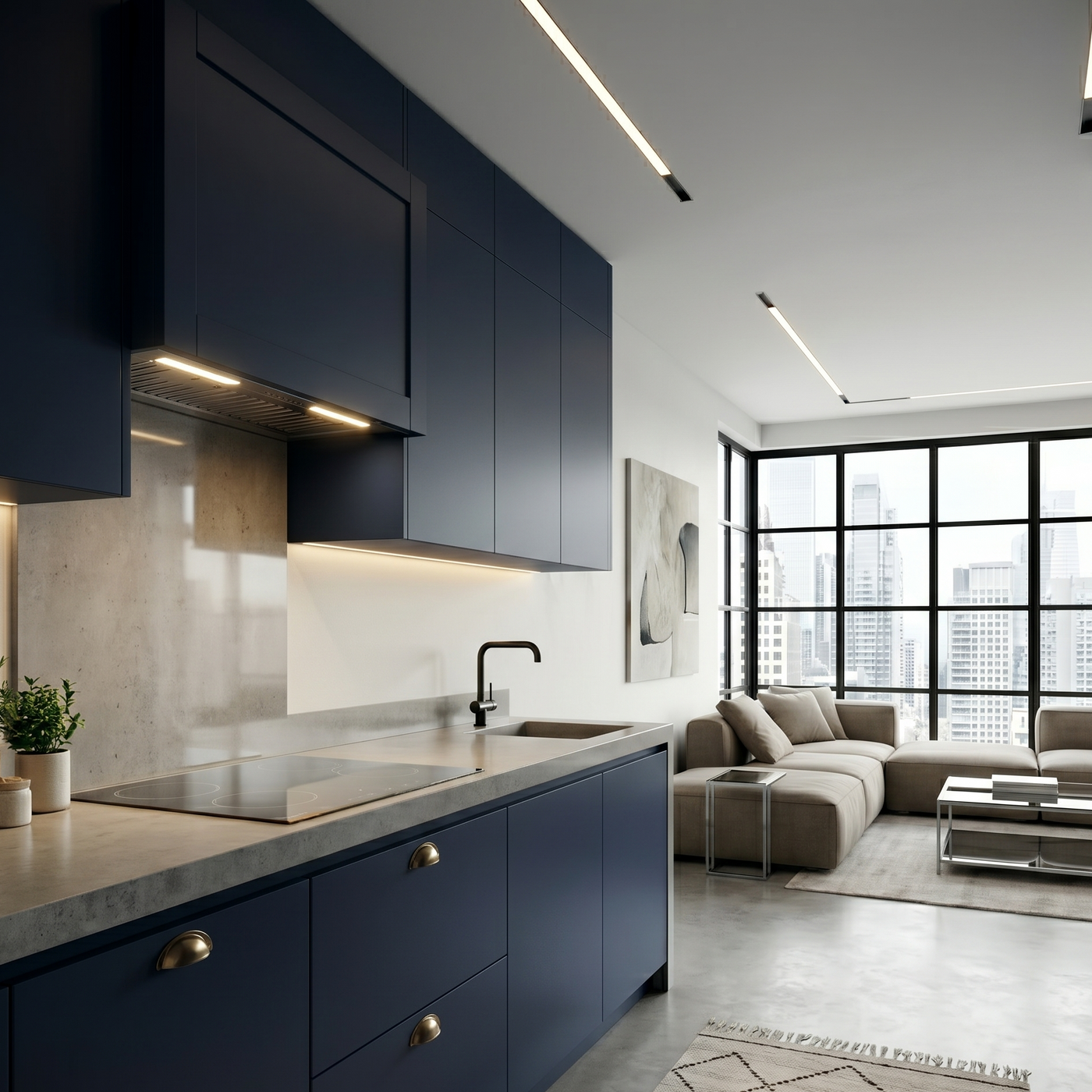 Luxair 60cm canopy cooker hood integrated into navy blue cabinetry in a modern open-plan kitchen