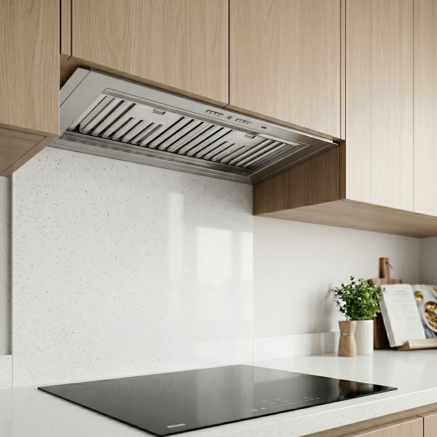 Under-cabinet view of a Luxair 60cm stainless steel canopy cooker hood with professional baffle filters