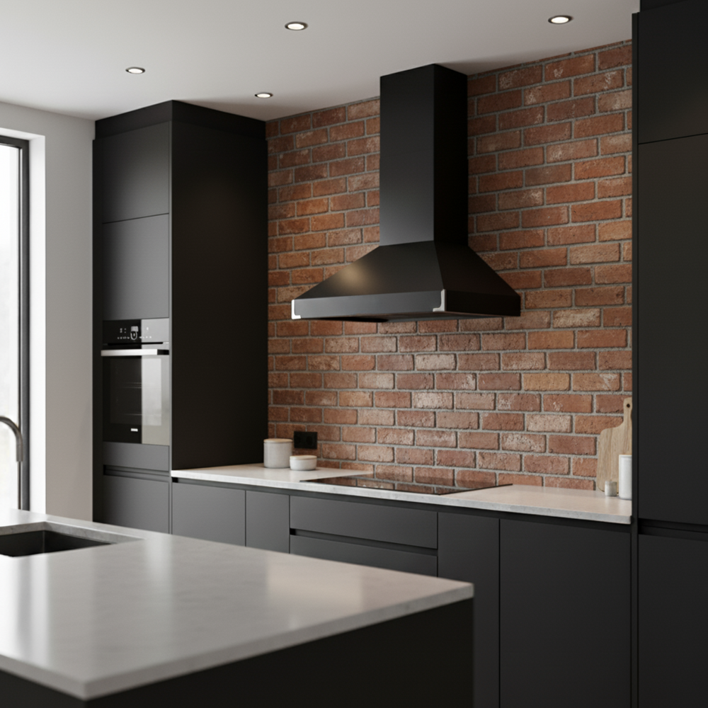 Master Range cooker hood installed within a minimalistic kitchen featuring exposed brickwork.