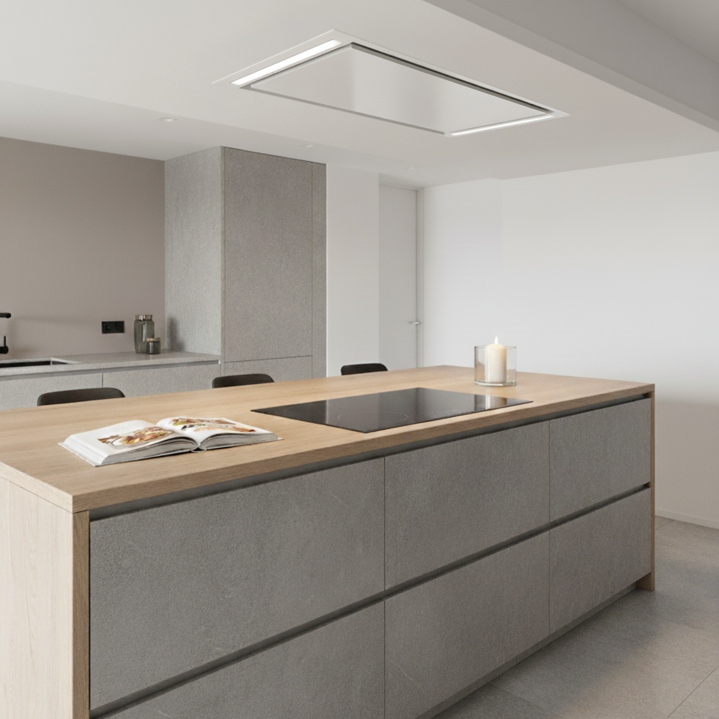 100cm x 50cm White Mille Ceiling Cooker Hood Installed In a Modern kitchen With a Wooden Island and Gray Cabinets
