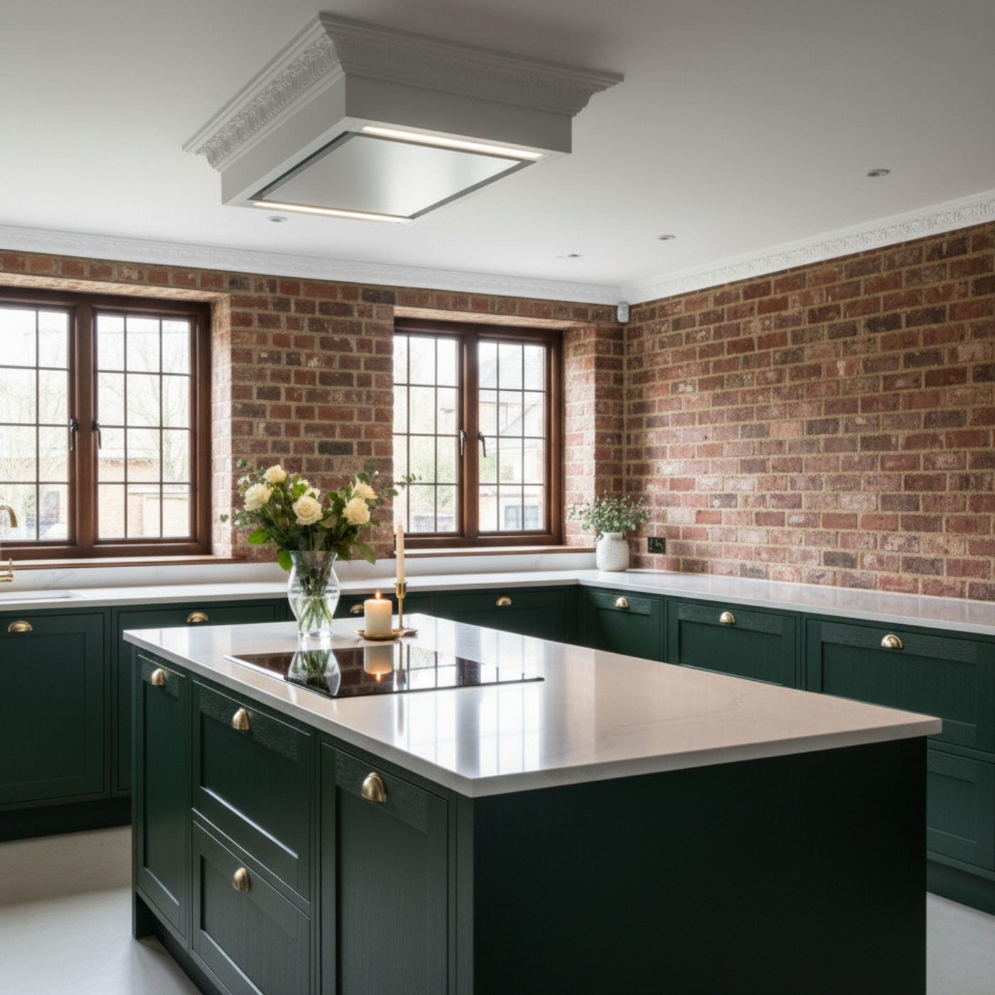 Mille Ceiling Cooker Hood Stainless Steel Installed In a Traditional Green Kitchen Featuring Exposed Brick Walls and White Countertops. 