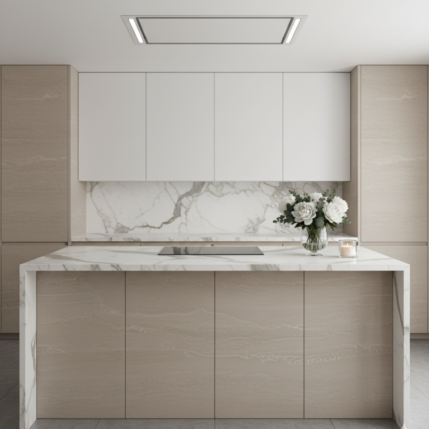 Mille 100cm White Cooker Hood In A White and Beige Kitchen Featuring Marbled Worktops.