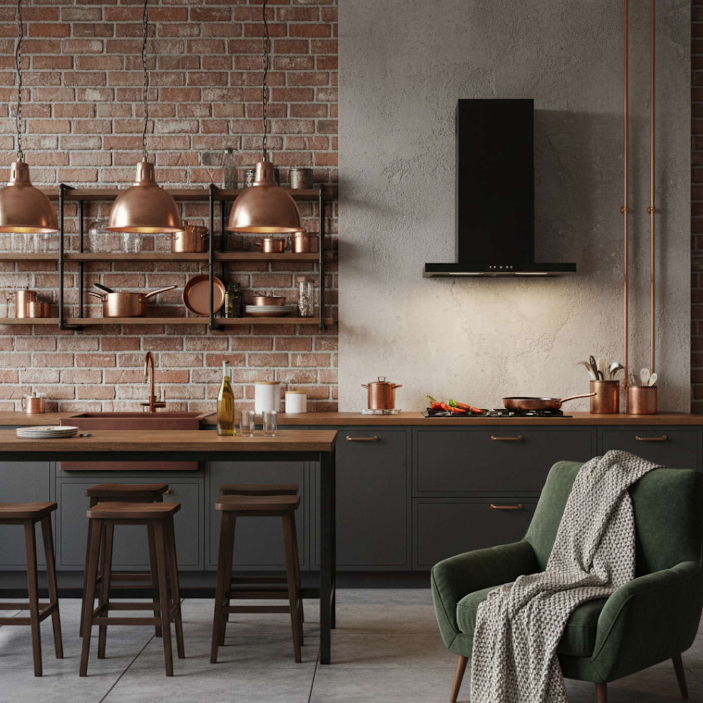 Black Moda cooker hood within an industrial style kitchen and large breakfast bar island with open shelving