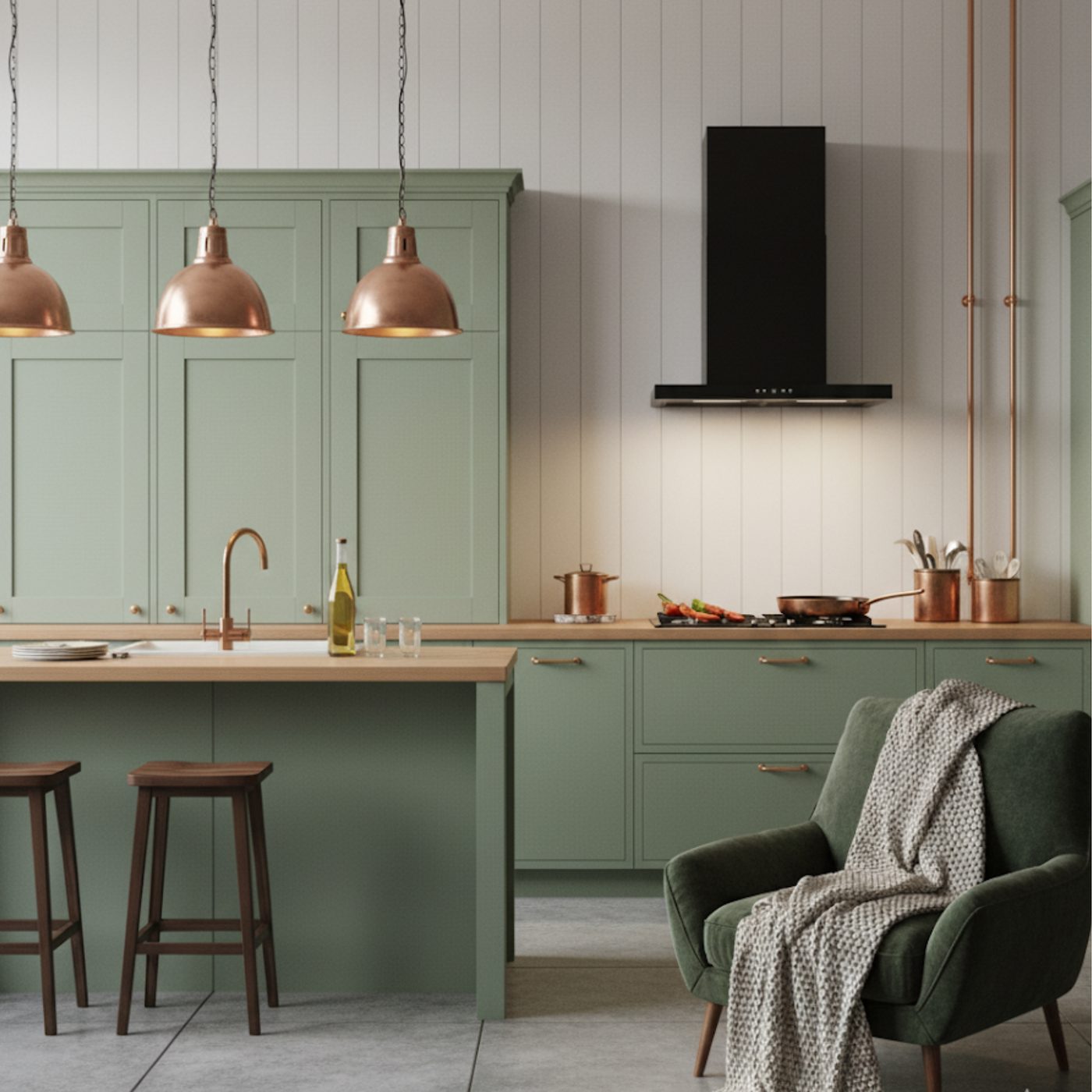 Sage green kitchen accompanied by Moda cooker hood in black and a stylish island with  pendant lighting above