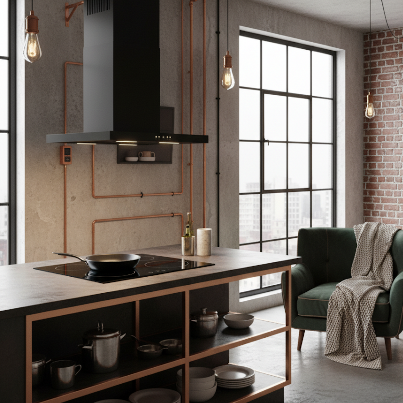 Black Moda island cooker hood installed in a loft-style kitchen with open shelving storage units and exposed brick and pipework