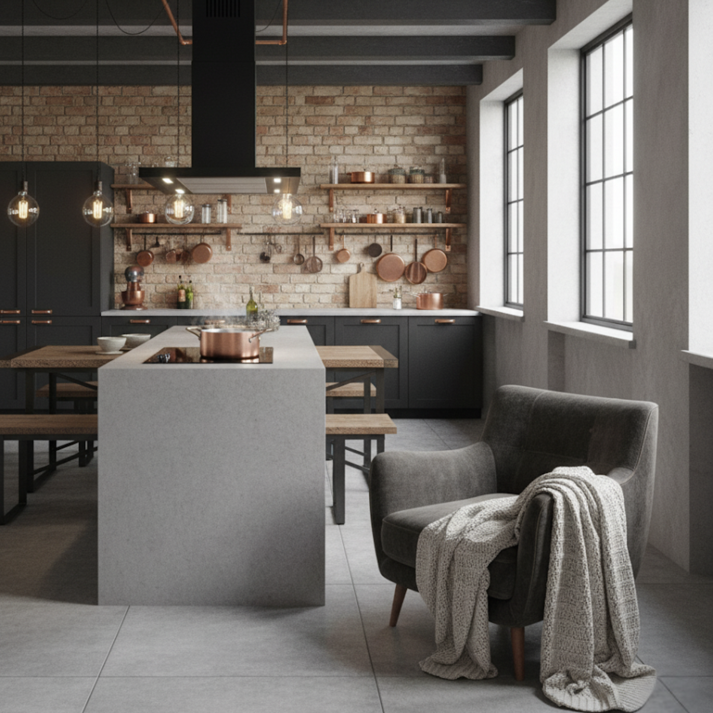 90cm black Moda island cooker hood within an open plan rustic kitchen. Featuring shaker style dark cabinets and concrete island
