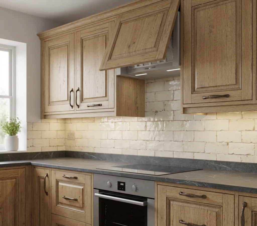 60cm Integrated Cooker Hood Installed In A Rustic Traditional Style Kitchen