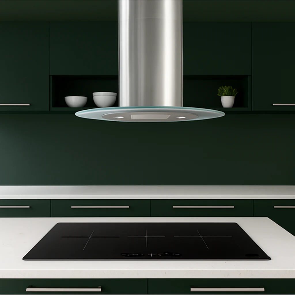 90cm Oval island cooker hood within a modern and sleek green kitchen with white countertops