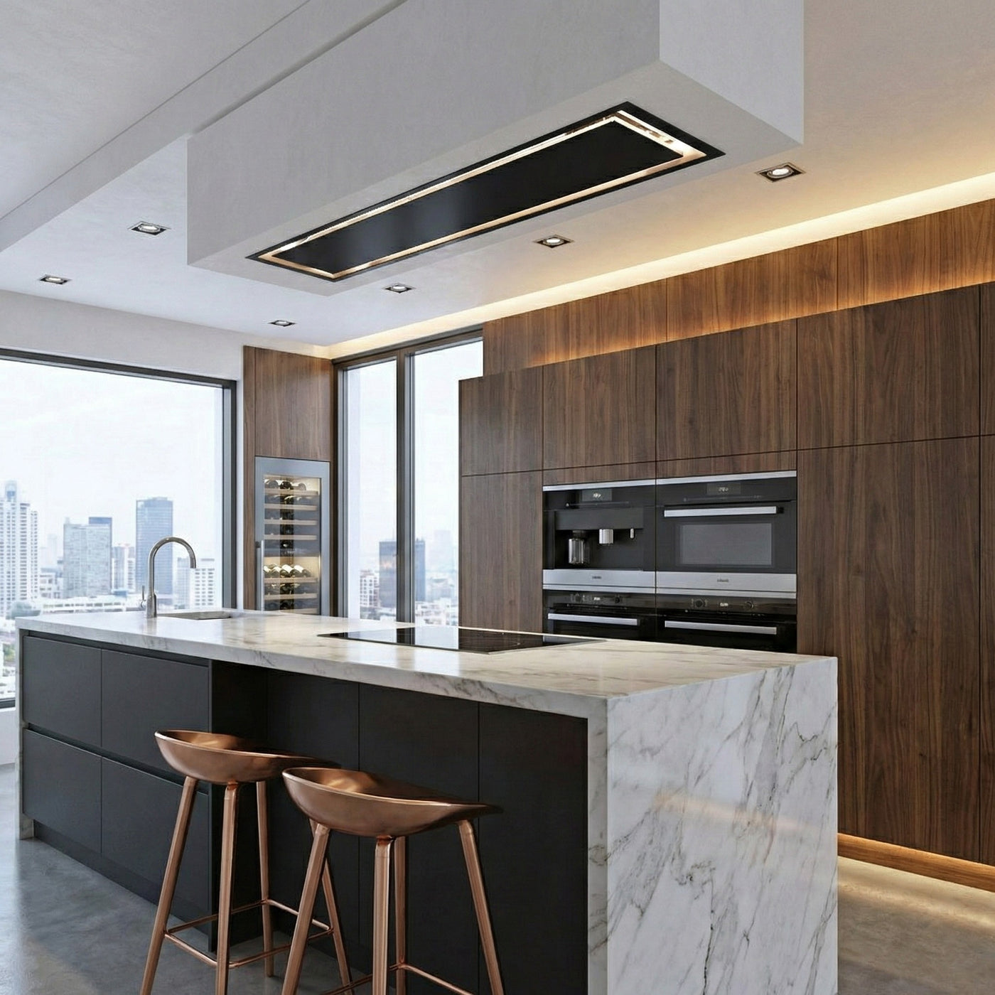 90cm x 30cm Black Soffitto Installed In a Sleek Kitchen With Marble Worktops and Dark Wood Cabinets