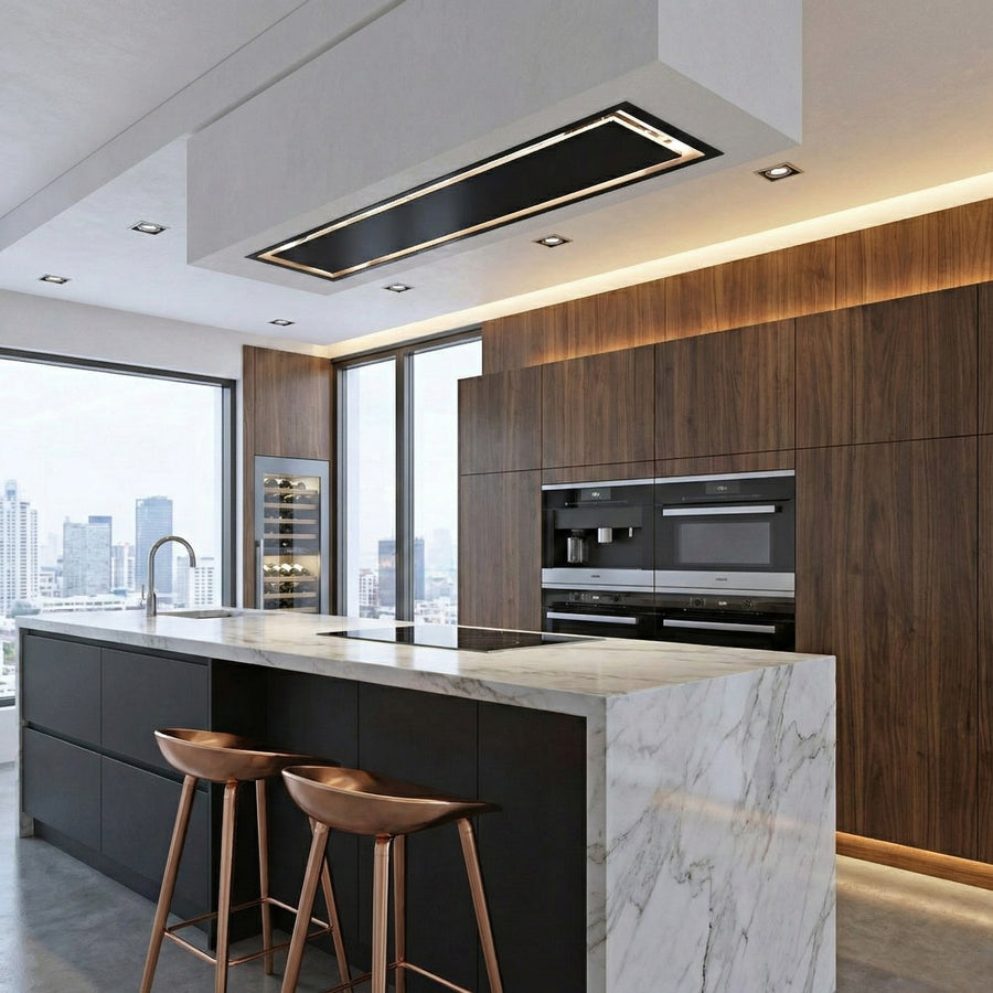 90cm x 30cm Black Soffitto Installed In a Sleek Kitchen With Marble Worktops and Dark Wood Cabinets