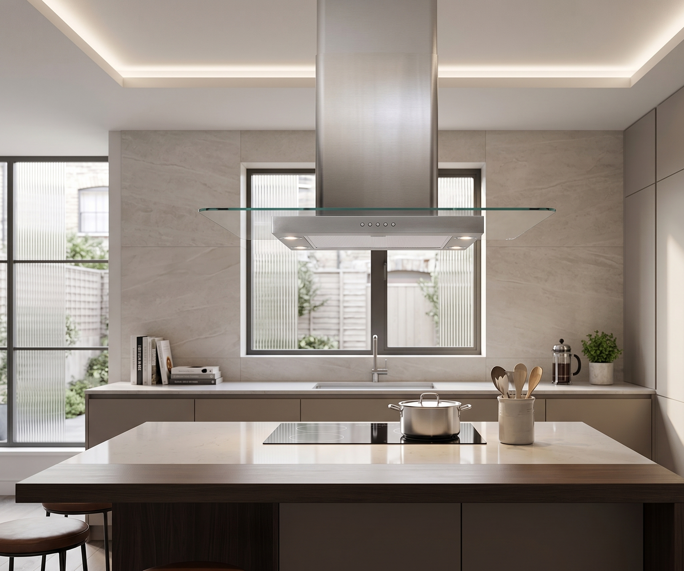 90cm Stainless Steel straight glass island cooker hood installed within a minimalistic neutral kitchen featuring large windows