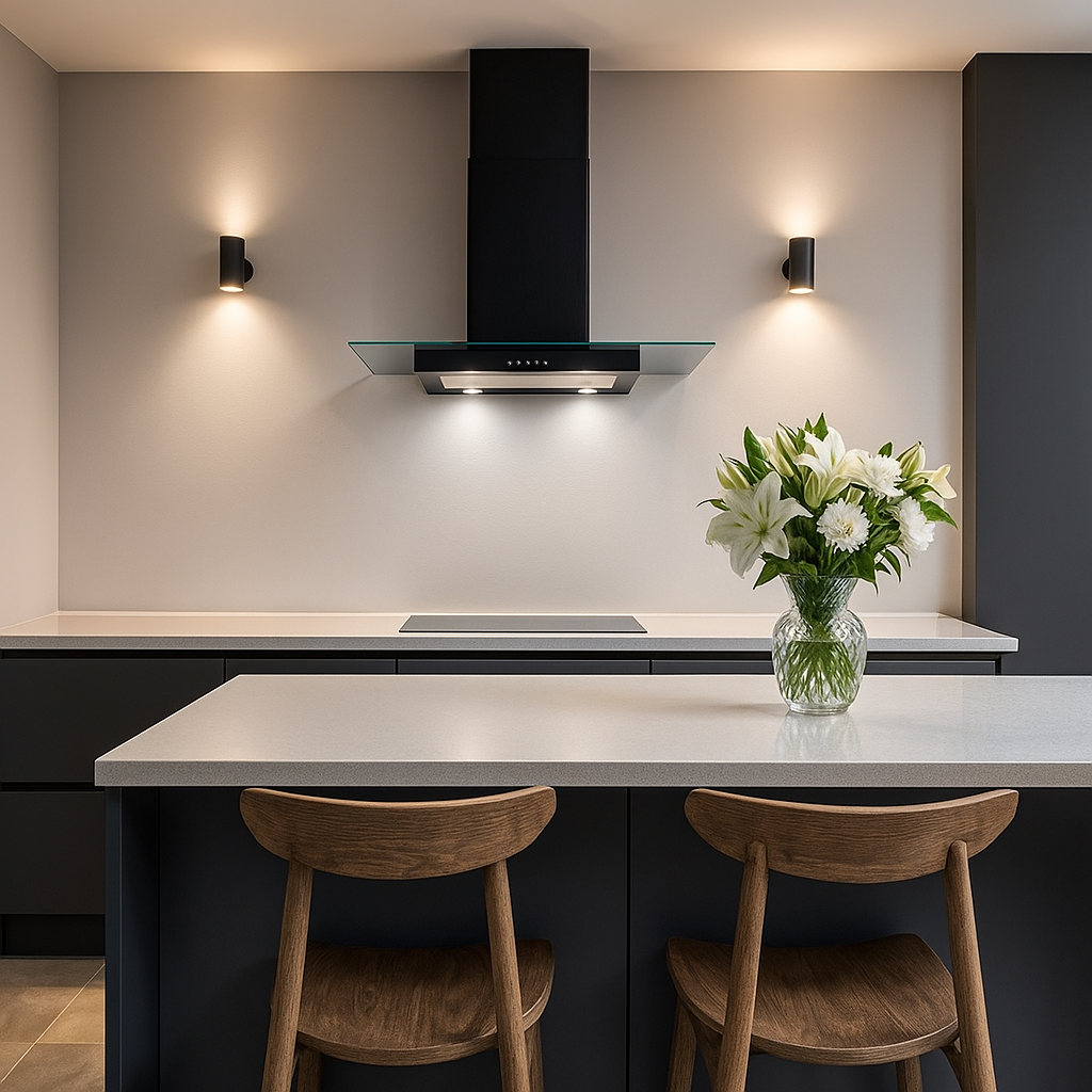 90cm Flat Glass wall mounted cooker hood in black, installed within a minimalistic neutral kitchen featuring black downlights