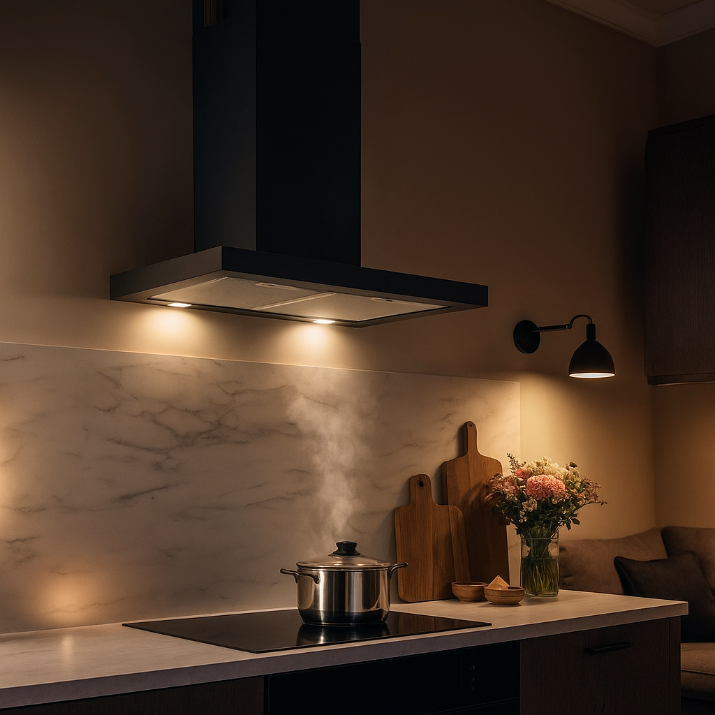 Black T-Line cooker hood within a modern kitchen featuring dark cupboards and grey marbled countertop and backsplash